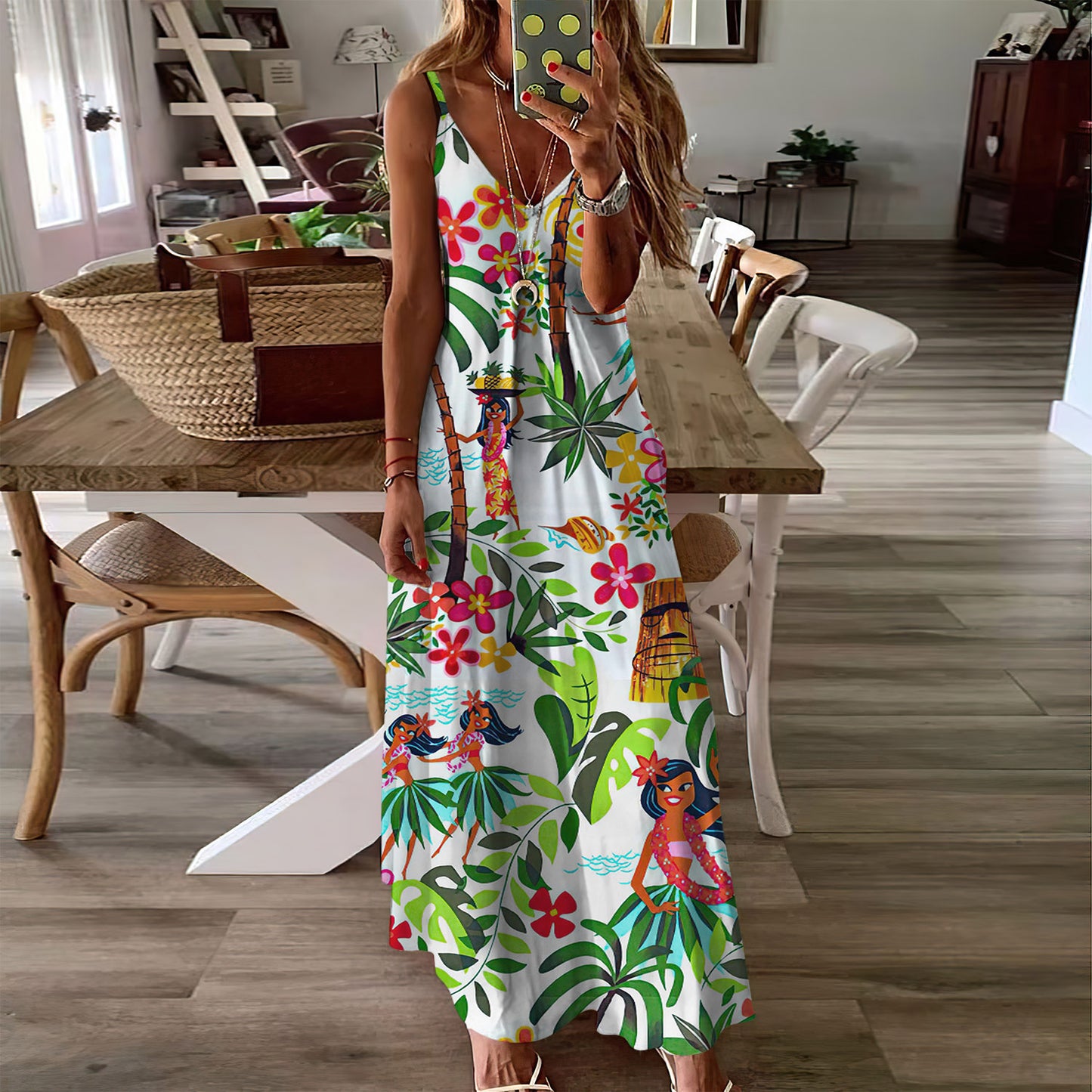 Hawaii Tahiti Tiki Beach Sleeveless Maxi Dress | Women Summer Dress | Sundress