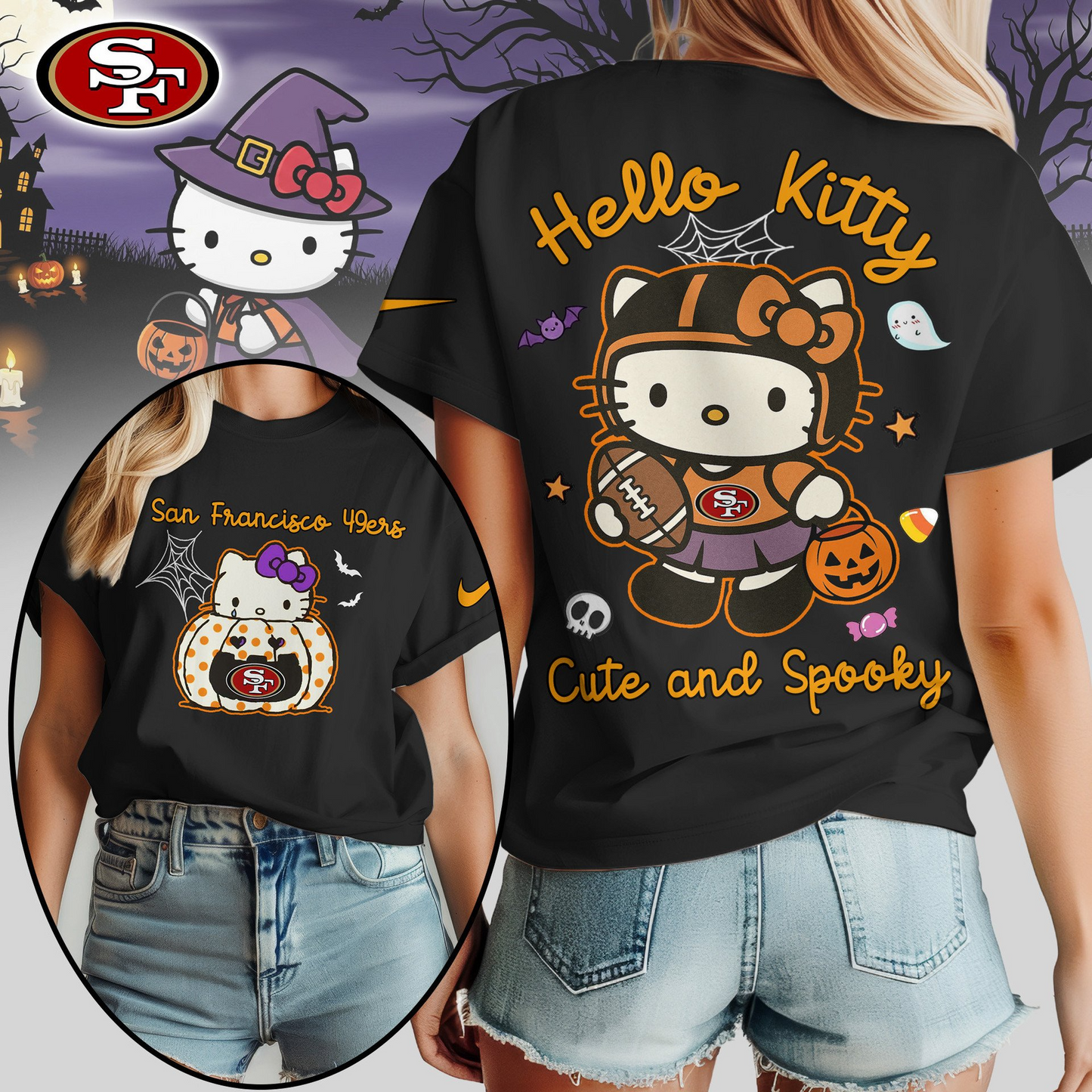 SF49 Premium NFL Hello Kitty Cute & Spooky Halloween Women Shirt DDT CTND