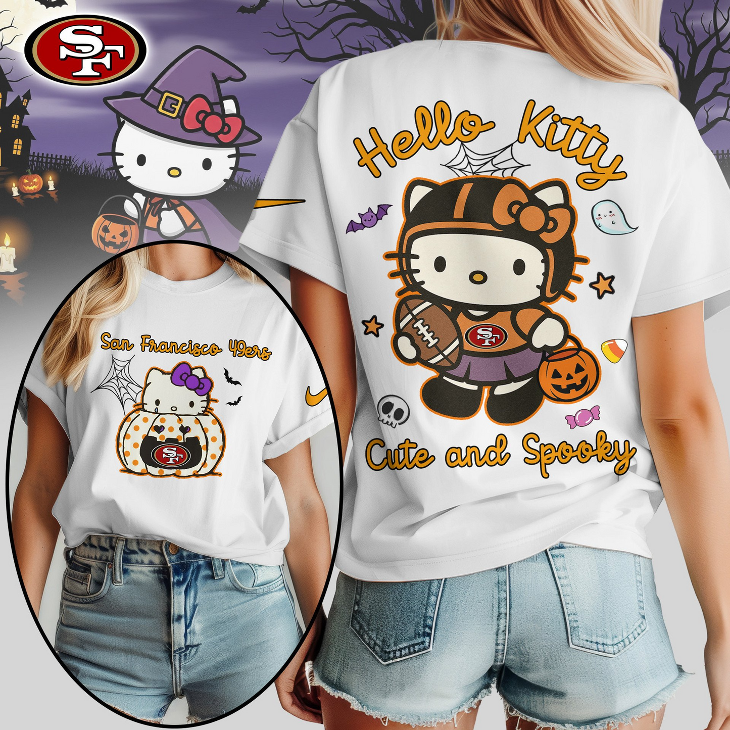 SF49 Premium NFL Hello Kitty Cute & Spooky Halloween Women Shirt DDT CTND